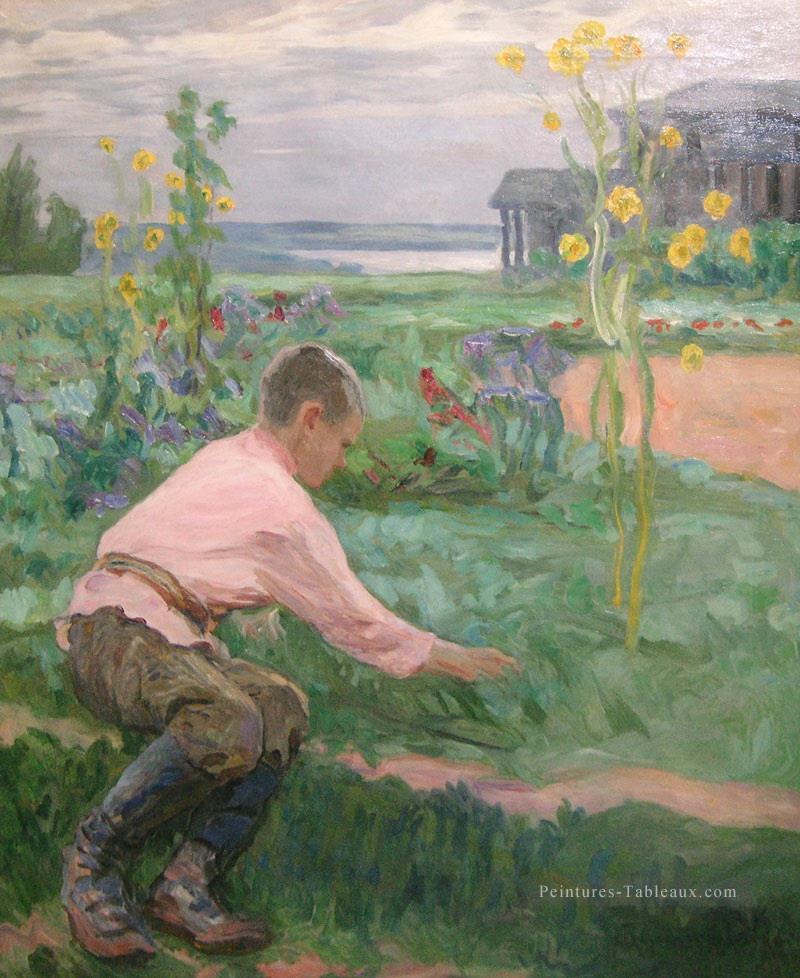 garçon sur une herbe Nikolay Bogdanov Belsky enfants impressionnisme enfant Peintures à l'huile